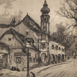 Henschl, Hugo  (1879-1929) Pfarrkirche in Wien Grinzing Radierung um 1930