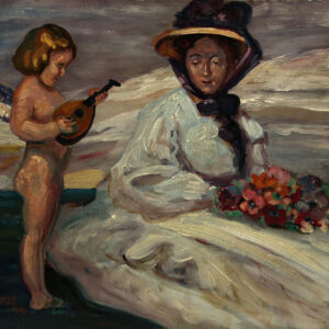 Georg Jauss - Junge Dame mit Blumenstrauß auf einer Wiese sitzend sowie ein Putto mit Laute