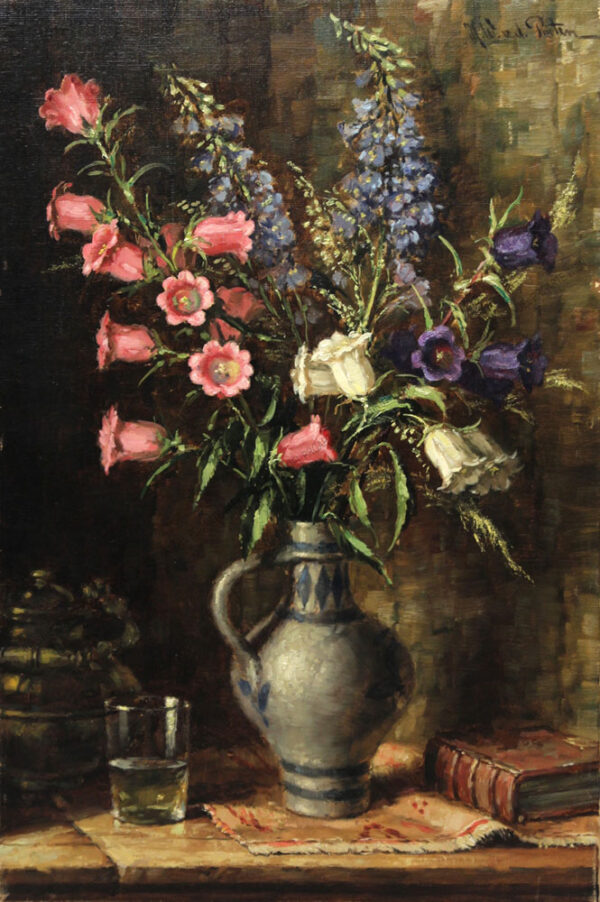 Hans Werner van der Porten - Stillleben - Blumenstrauß in einer holländischen Vase sowie Buch und Trinkglas