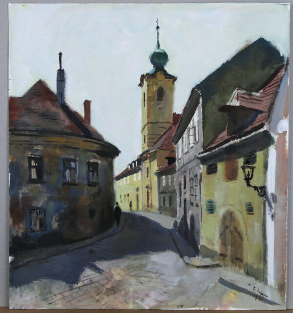 Ernst Schrom - Die Greinergasse, mit der Pfarre Nussdorf in Wien Döbling