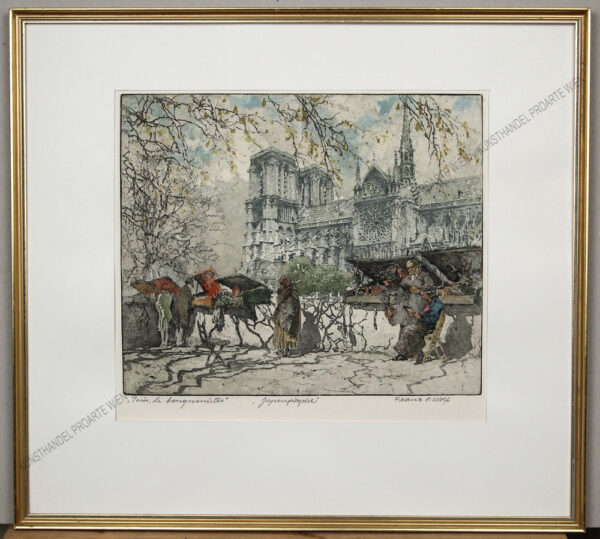 Franz Xaver Wolf - Motiv aus Paris - Die Buchhändler - Les Bouquinistes- vor der Kathedrale Notre Dame de Paris