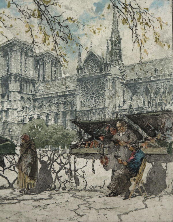 Franz Xaver Wolf - Motiv aus Paris - Die Buchhändler - Les Bouquinistes- vor der Kathedrale Notre Dame de Paris