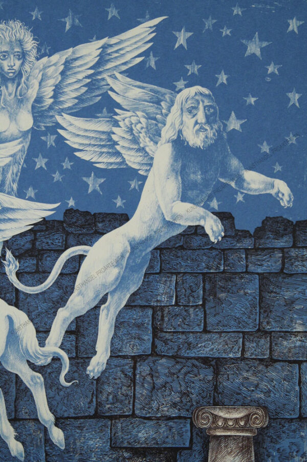 Peter Proksch - Phantastische Darstellung - Engel, Pegasus und geflügelter Löwe