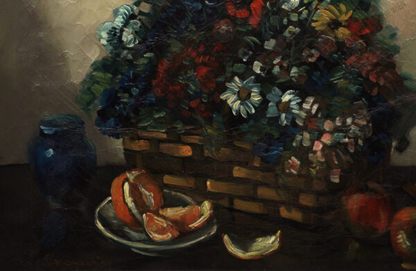 Leo Abramowicz - Prachtvolles Stilleben mit Blumen, Obst und Gefäßen