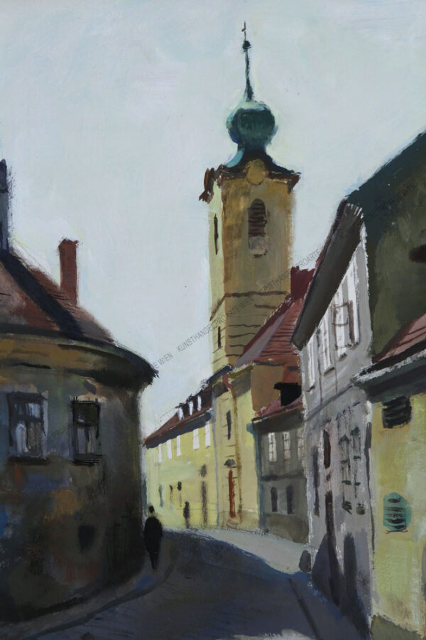 Ernst Schrom - Die Greinergasse, mit der Pfarre Nussdorf in Wien Döbling