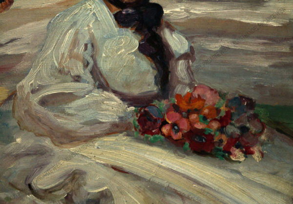 Georg Jauss - Junge Dame mit Blumenstrauß auf einer Wiese sitzend sowie ein Putto mit Laute